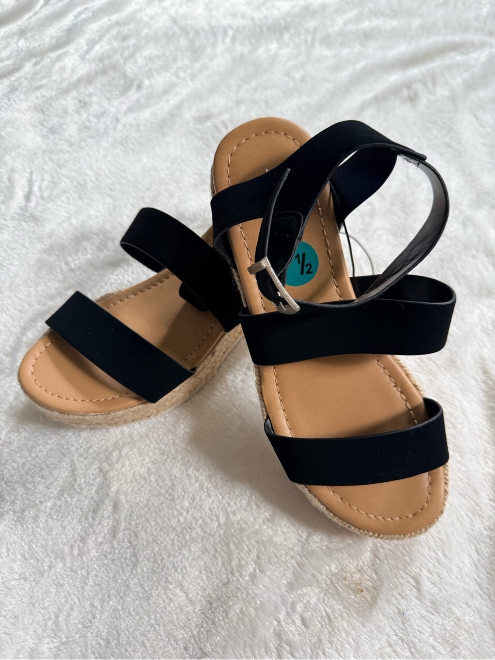 Soda Black Strappy Sandals with Tan Footbed size 7.5M